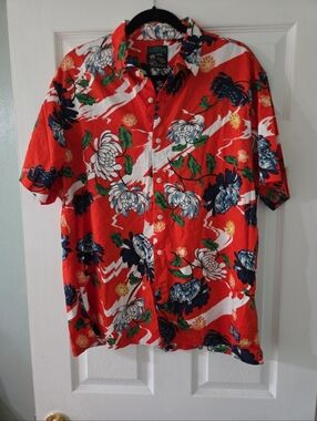 Superdry Red Floral Button-Down Shirt with Navy & Green Accents